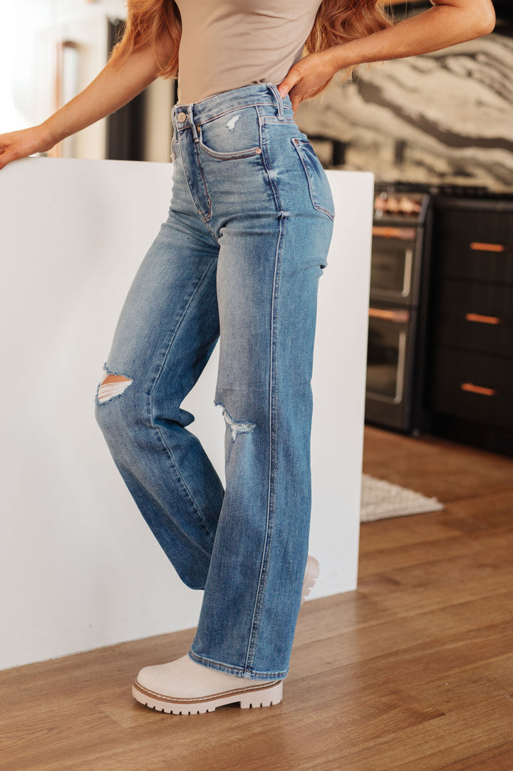 Bee's Knees High Rise Control Top Distressed Straight Jeans