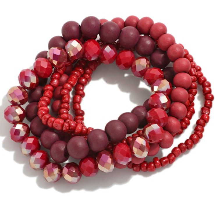 Wood & Heishi Bead Bracelet Set - Red