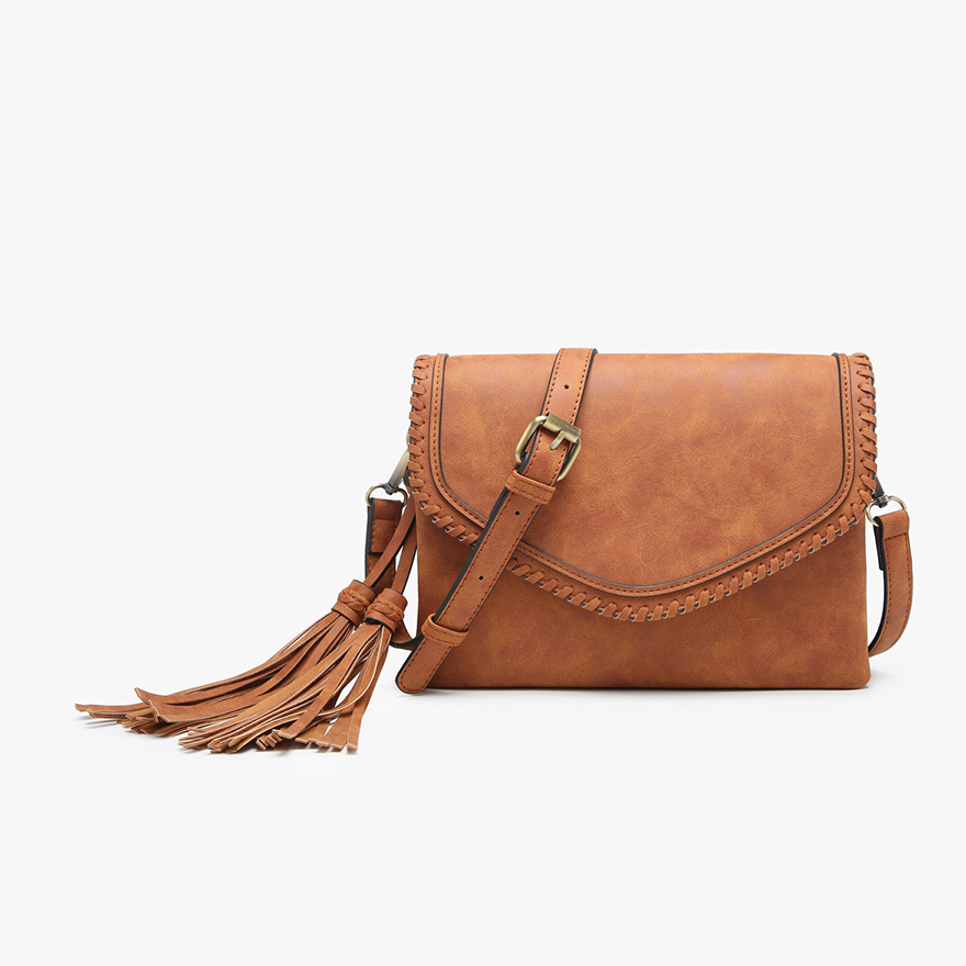 Sloane Flapover Crossbody w/ Whipstitch and Tassel in Ginger
