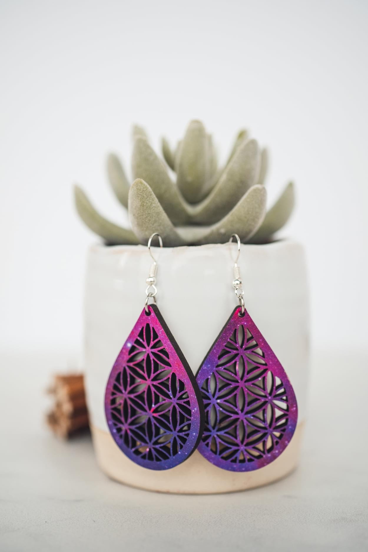 Purple & Pink Galaxy Mandala Wood Dangle Earrings - Medium
