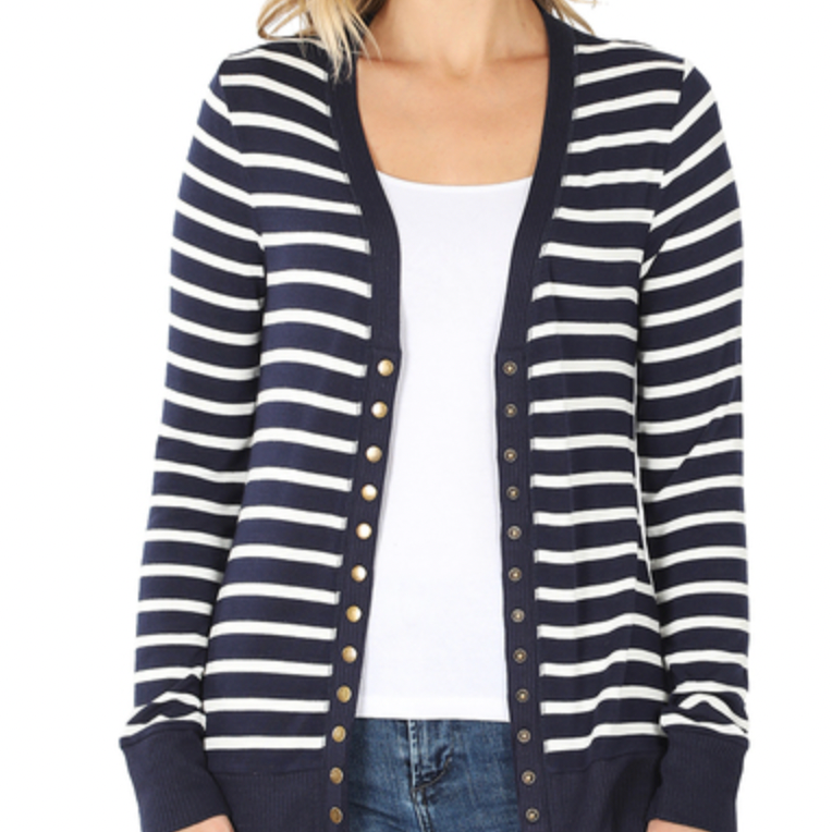 Snap To It Striped Cardigan - Navy & Ivory