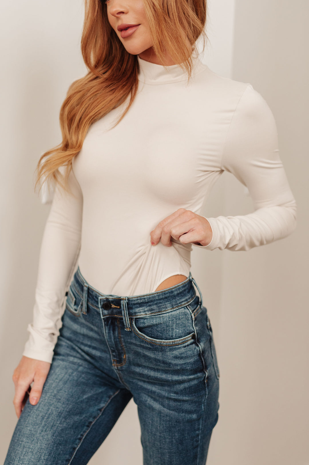 Simple Situation Mock Neck Bodysuit in White Pearl
