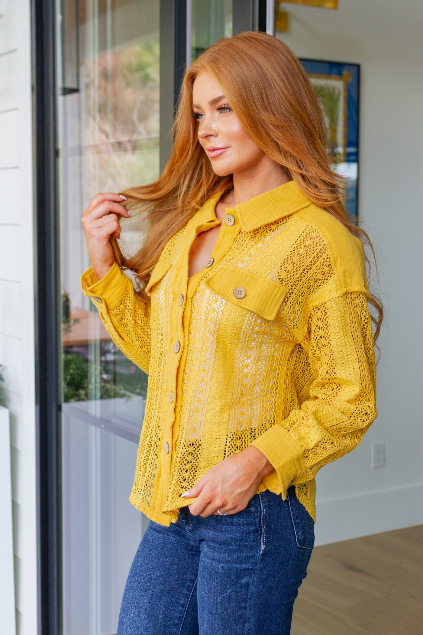 Sweeter Than Nectar Lace Button Down in Honey